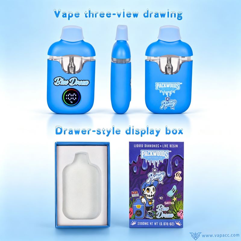 empty packwoods x runty v2 blue dream vape pen with digital screen three view drawing