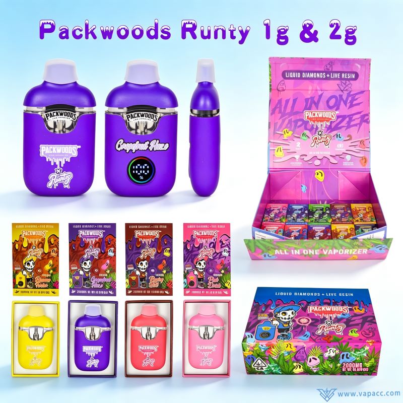 empty packwoods x runty v2 1g 2g disposable vape pen with screen and display box main image