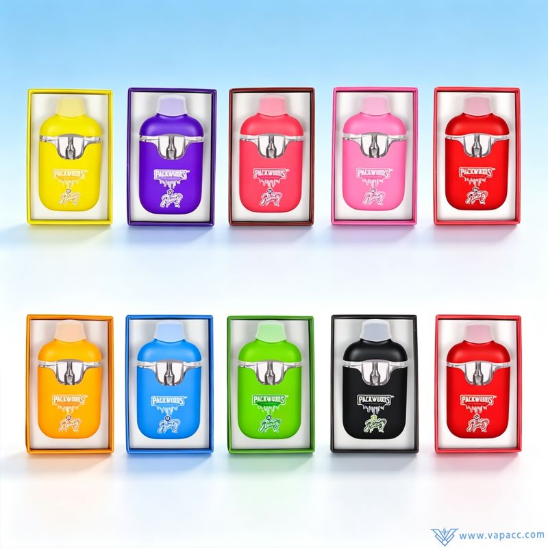 empty packwoods x runty v2 disposable vape pens in multicolored drawer packaging boxes