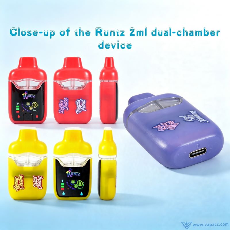 Close up view of empty Runtz 2ml dual chamber vape device with Type C port