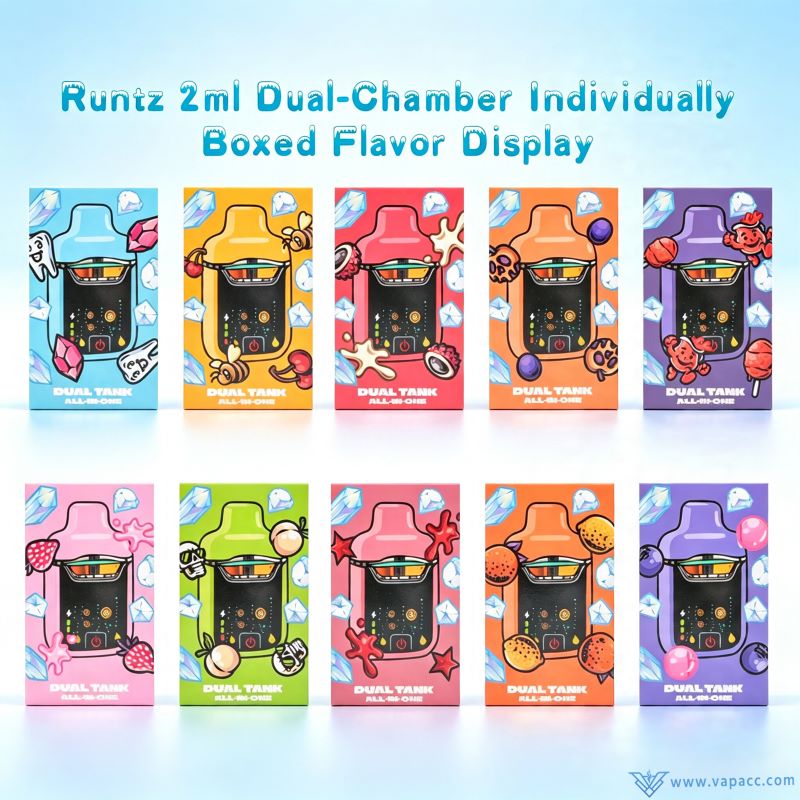 Individually boxed flavor display for empty Runtz 2ml dual chamber disposable vapes