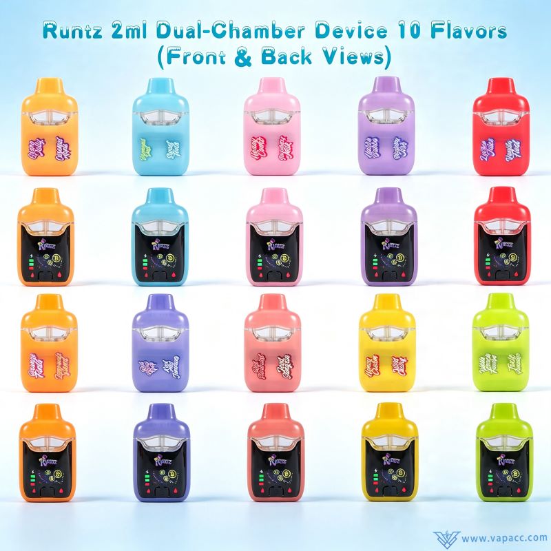 Front and back views of 10 flavor options for empty Runtz 2ml dual tank vapes