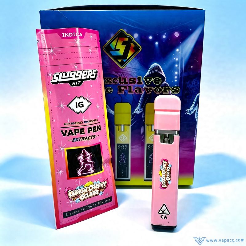 Empty Sluggers Hit 1g disposable vape pen in pink with strain pouch packaging and wholesale display box.