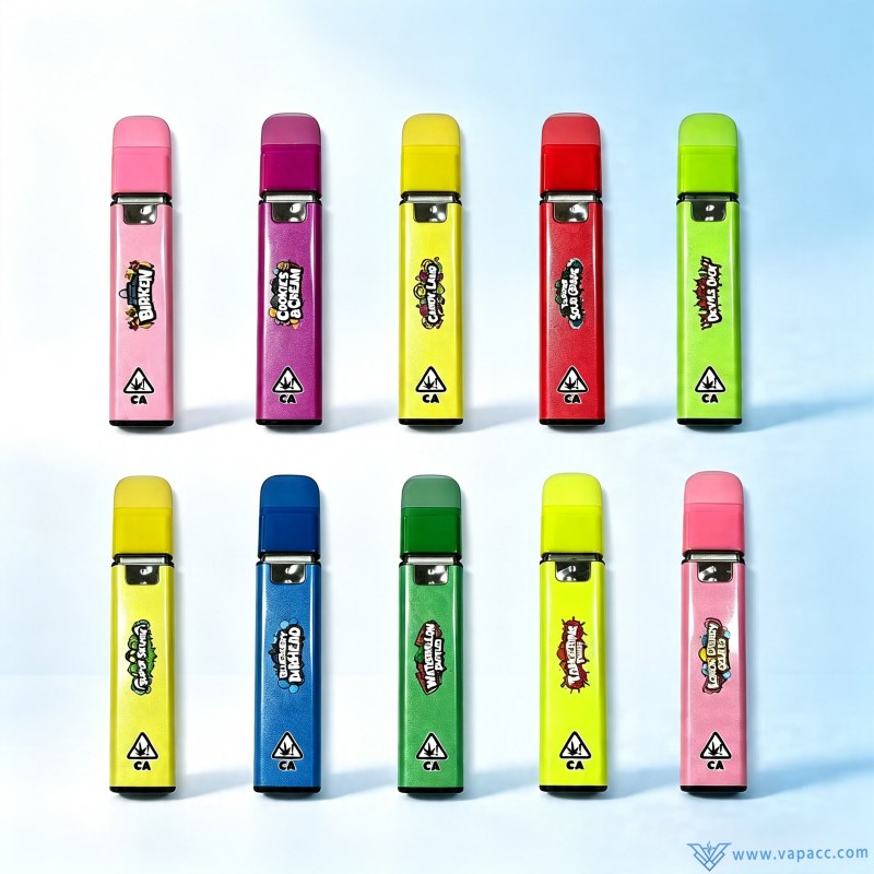 Front view of 10 empty Sluggers Hit 1000mg vape hardware devices showing various strain printed logos.