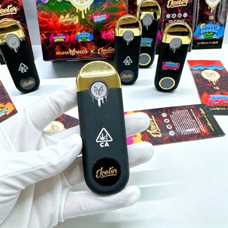 Back view of Muha Meds x Jeeter rechargeable vape device showing CA warning mark and branding