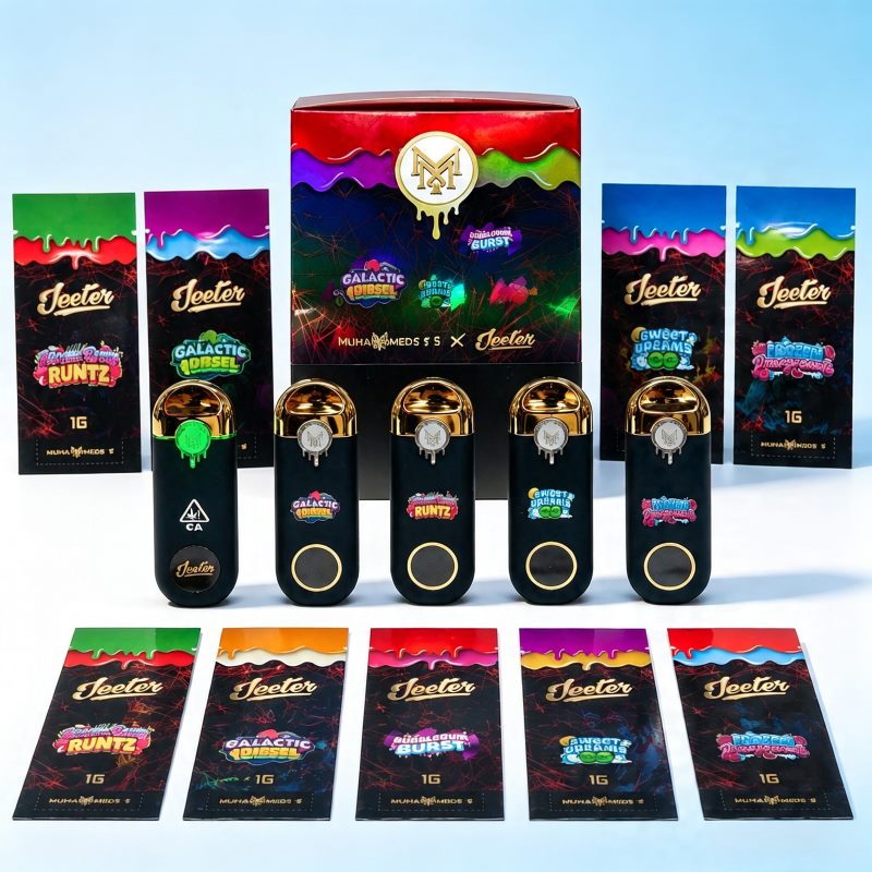 Muha Meds x Jeeter empty disposable vape pen 1g hardware set with strain packaging bags and display box
