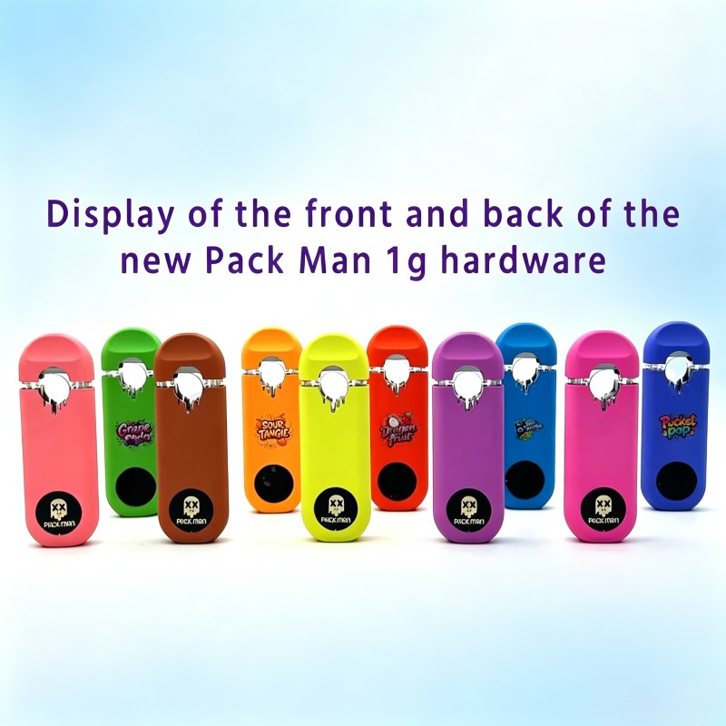 Front and back view of 10 empty Pack Man 1g vape pens showing clear oil window and strain logos.