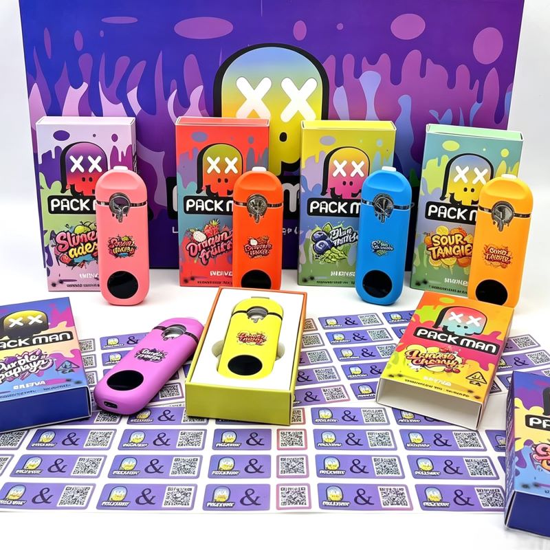 Unfilled Pack Man 1g all-in-one vape hardware with individual flavor packaging boxes and security stickers.