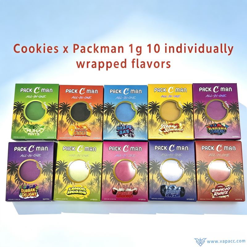 Ten individual strain flavor packaging boxes for Packman Cookies 1g empty vapes