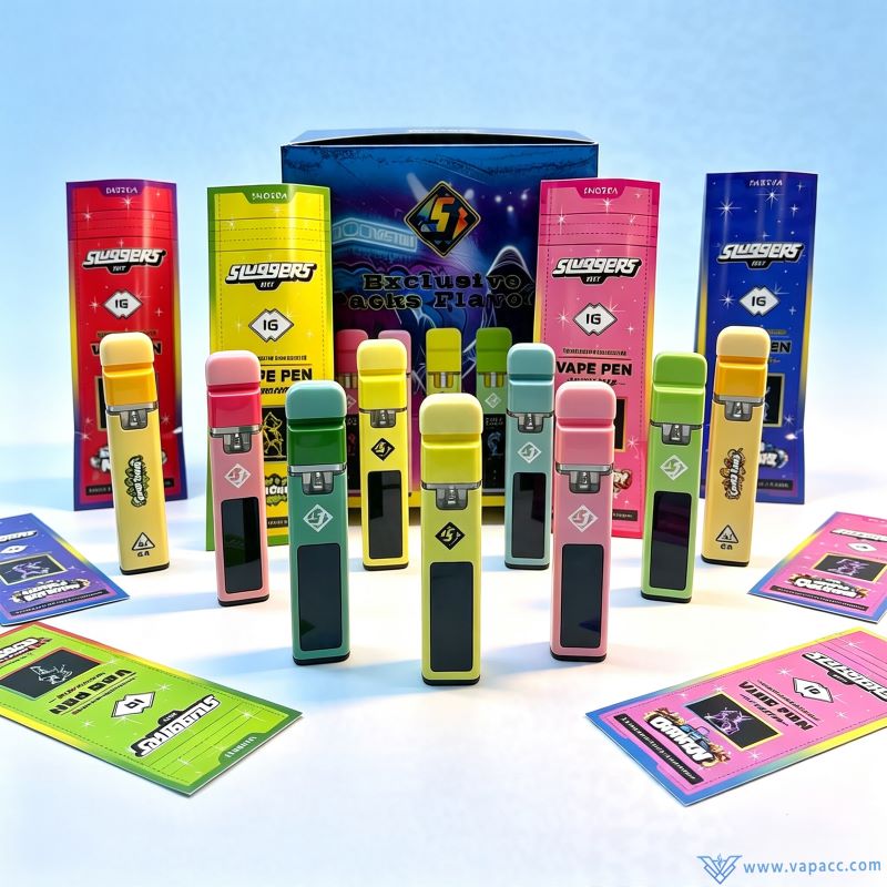 Wholesale empty Sluggers Hit 1g disposable vape pens with colorful strain pouches and display box background.
