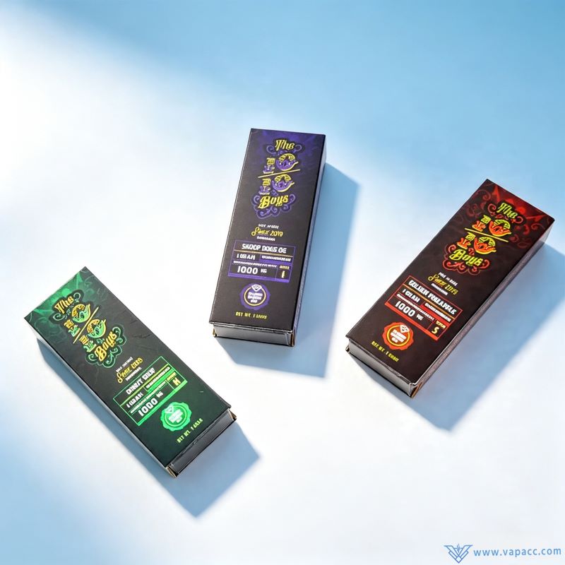 Three individual packaging boxes for The 10/10 Boys V3 empty disposable vape 1ml