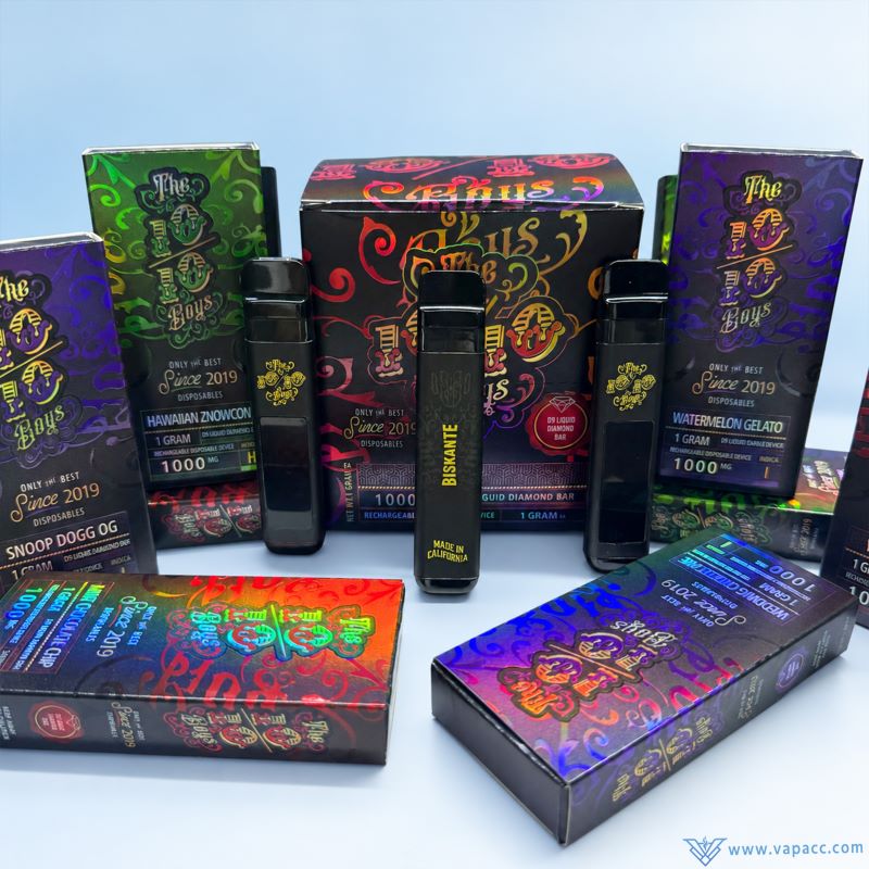The 10/10 Boys V3 empty disposable devices surrounded by colorful flavor boxes