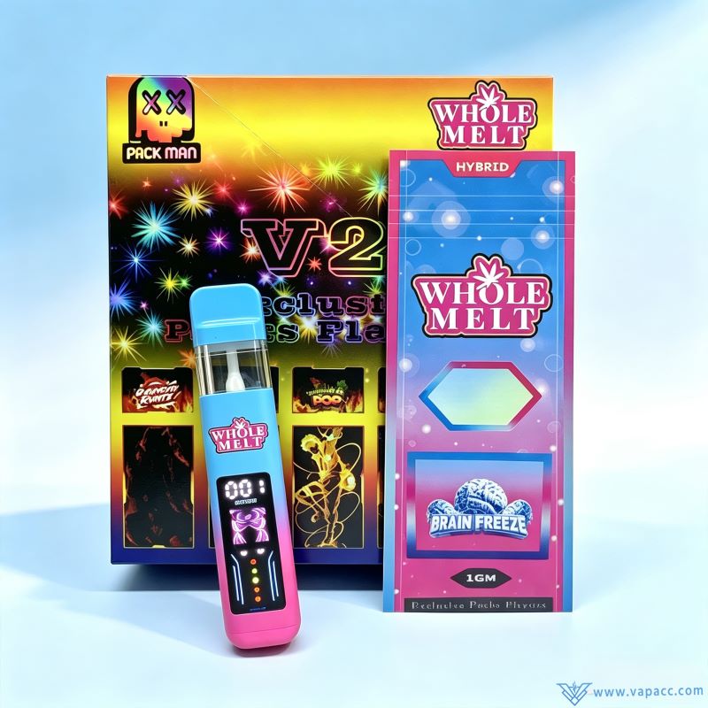 Whole Melt Packman V2 1g empty disposable vape device with matching packaging bag and display box