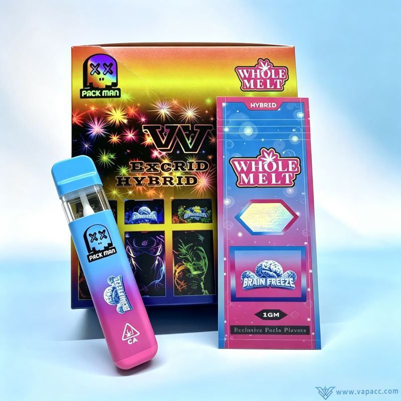 Whole Melt Packman V2 1ml rechargeable vape pen standing next to Brain Freeze packaging pouch