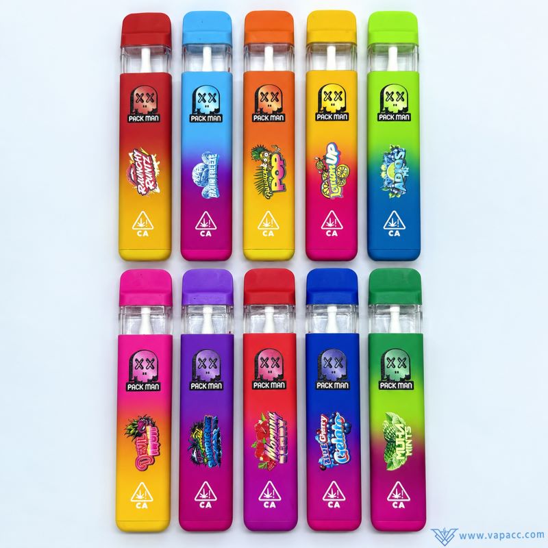 Ten different strain options of Whole Melt Packman V2 1g empty disposable vapes lined up