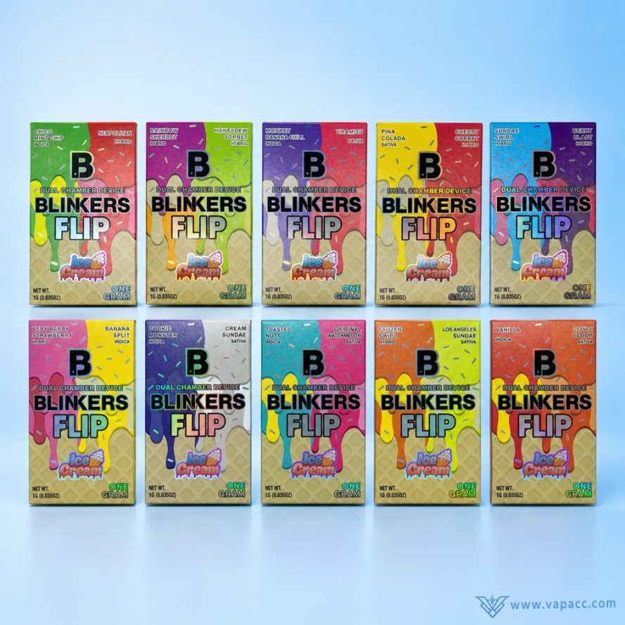 Blinkers FLIP empty dual chamber disposable vape packaging boxes showing 10 available strain flavors