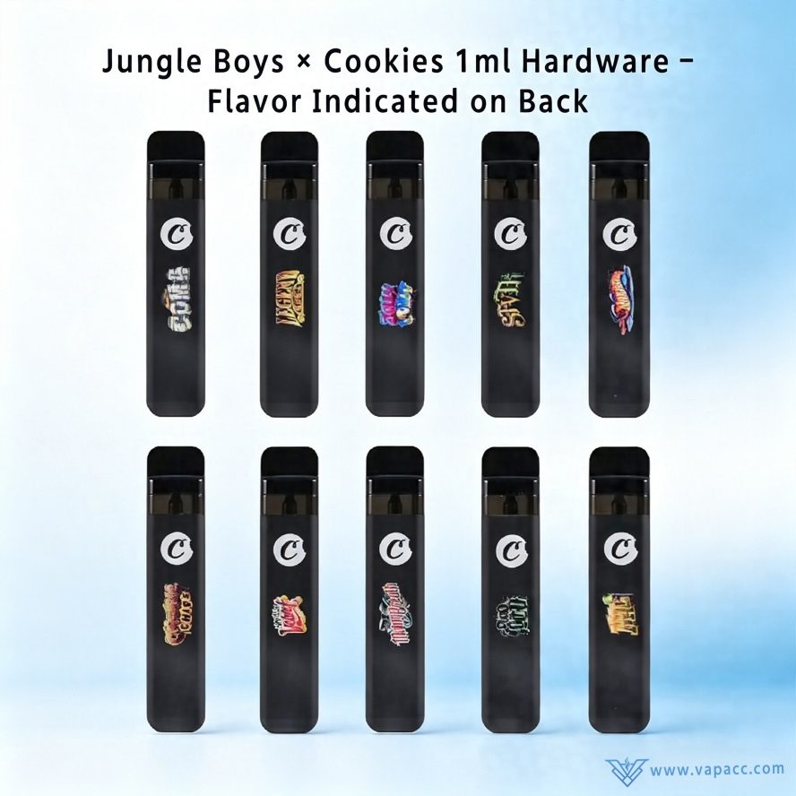 Back view of 10 Jungle Boys x Cookies empty disposable vape devices showing individual strain flavor logos.