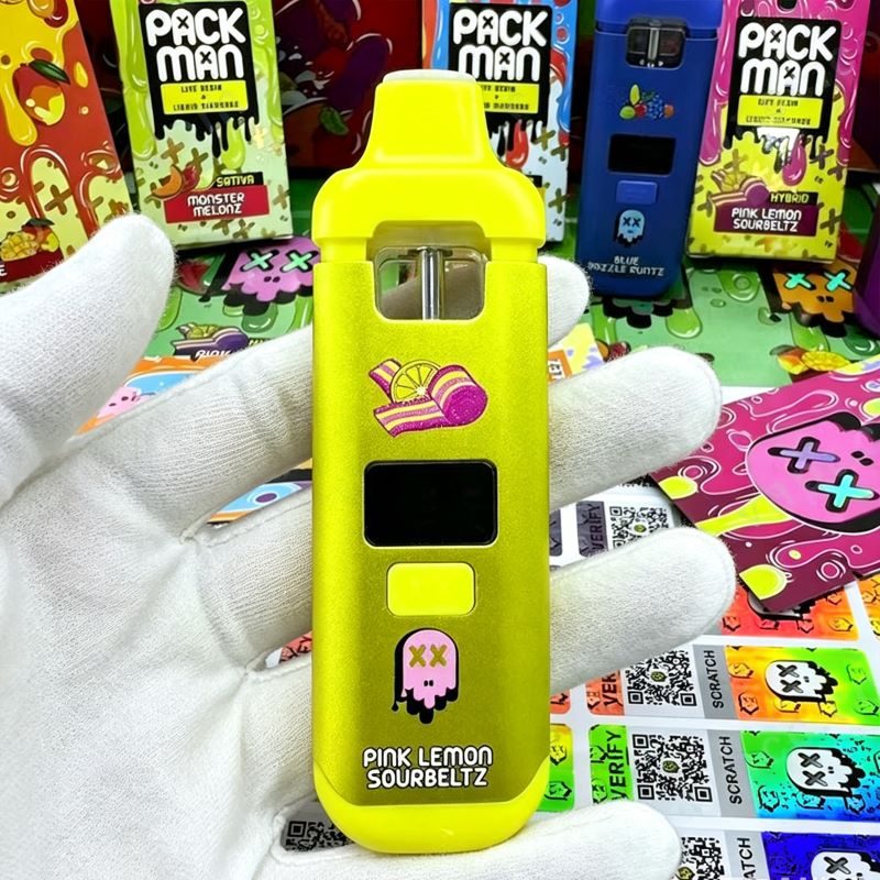 Pack Man empty disposable vape with custom retail packaging for live resin.