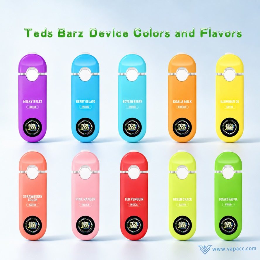 Vapacc Teds Barz empty vape device colors corresponding to different strain flavors.